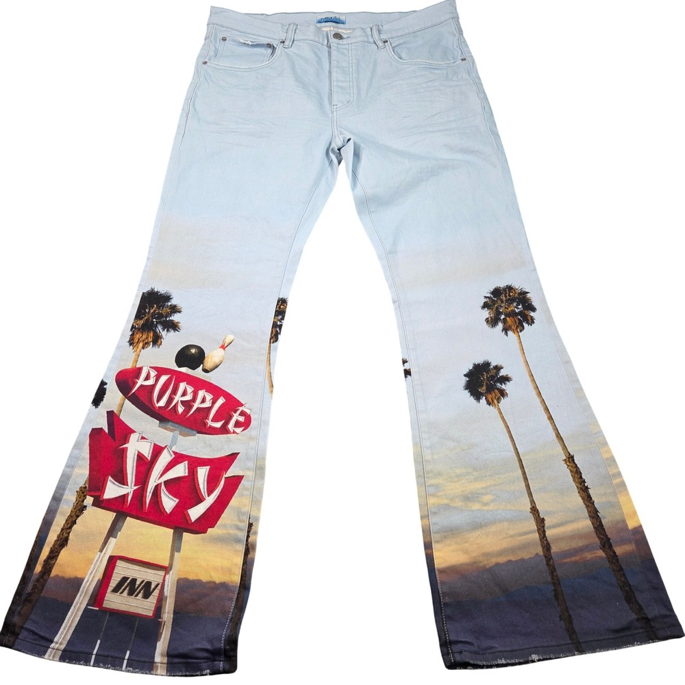 Purple Brand x Blue Sky Inn Jeans Mens 40 Blue Light Wash Flare Graphic Print